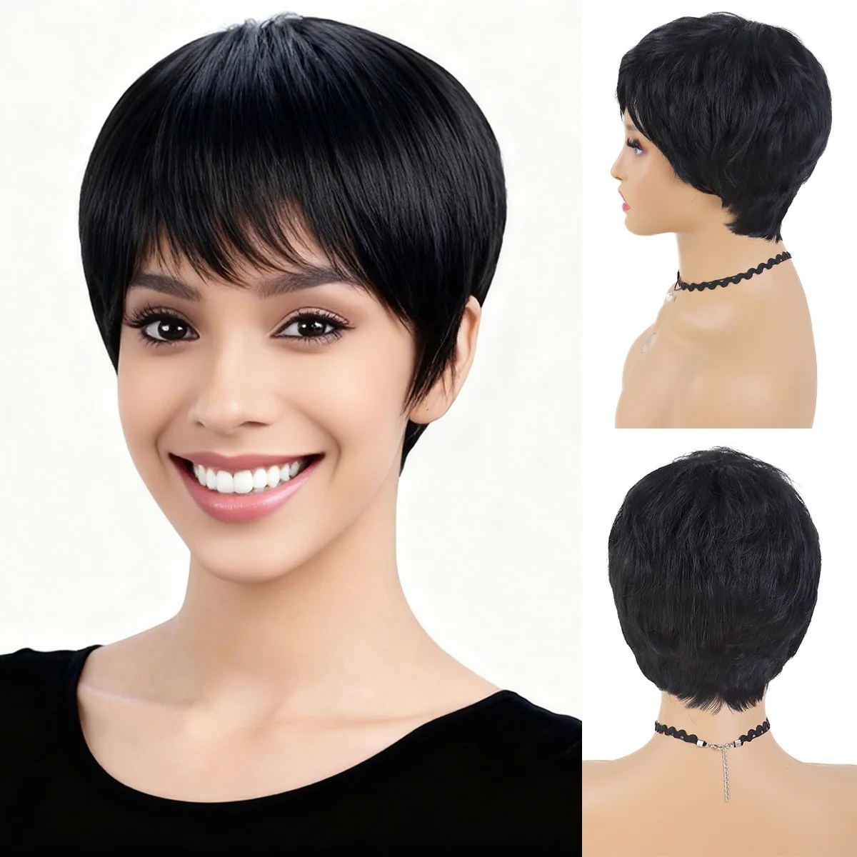 ショートブラックウィッグ　合成毛ストレートウィッグ　前髪付き　女性用　レディース　ピクシーカットヘアスタイル　耐熱　デイリー　パーティー　カジュアルウィッグ