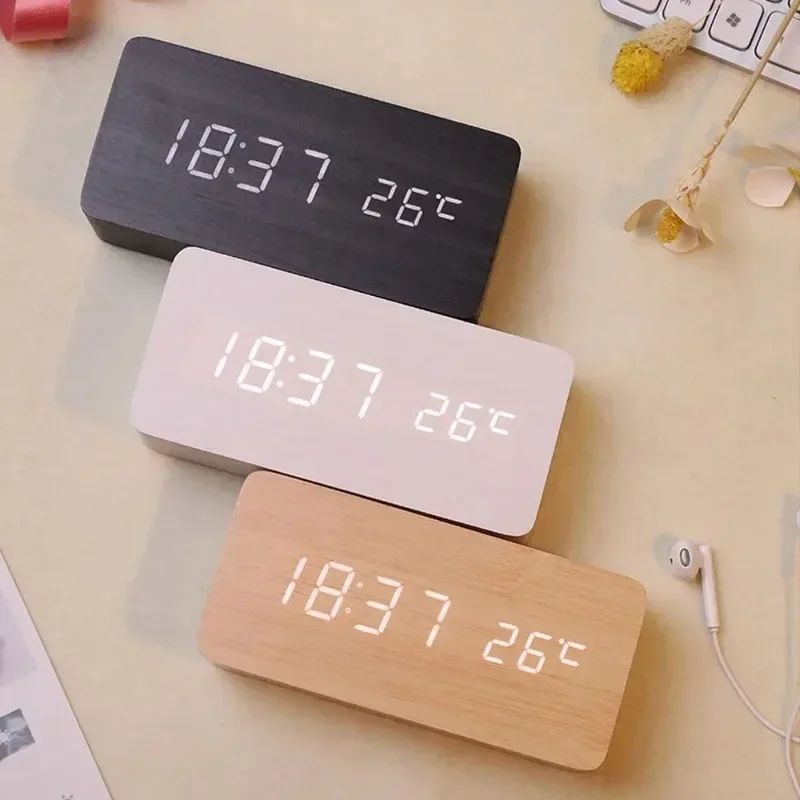 Digital LED Wooden Alarm Clock With Temperature Voice Control Snooze Electronic Desk Clock USB AAA