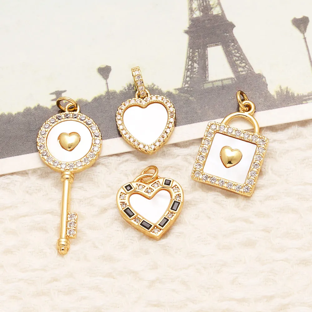 OCESRIO White Crystal Shell Heart Big Key Pendant for Necklace Copper Gold Plated Purse Charm Jewelry Making Component pdta055