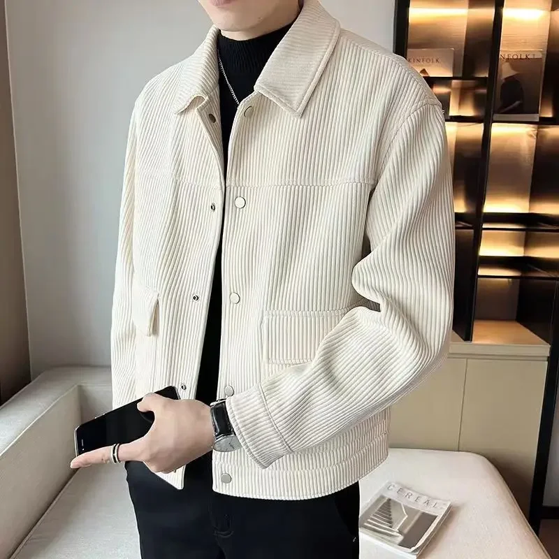 2024 New Spring and Autumn Fashion Simple Oversized Polo Pocket Long Sleeve Solid Color Premium Corduroy Men\'s Jacket Coat