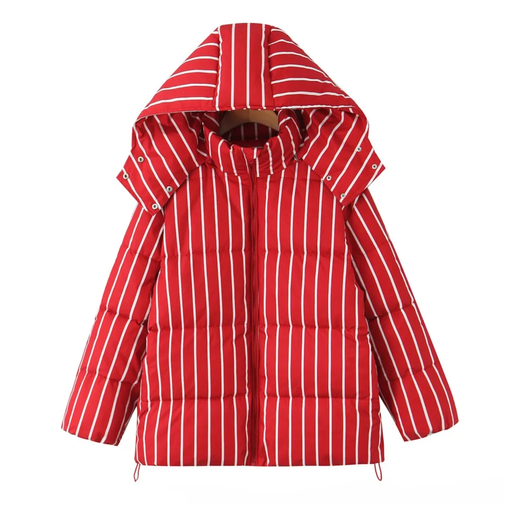 New Winter Fashion Women Zip Up Contrast Color Stripes Bread Parka Coat For Woman Removable Hat Hooded Long Sleeve Outerwear Red