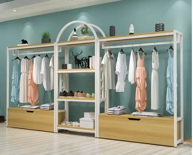 

Clothing store display shelf floor hanging clothes shelf Light luxury display shelf live rack shelves