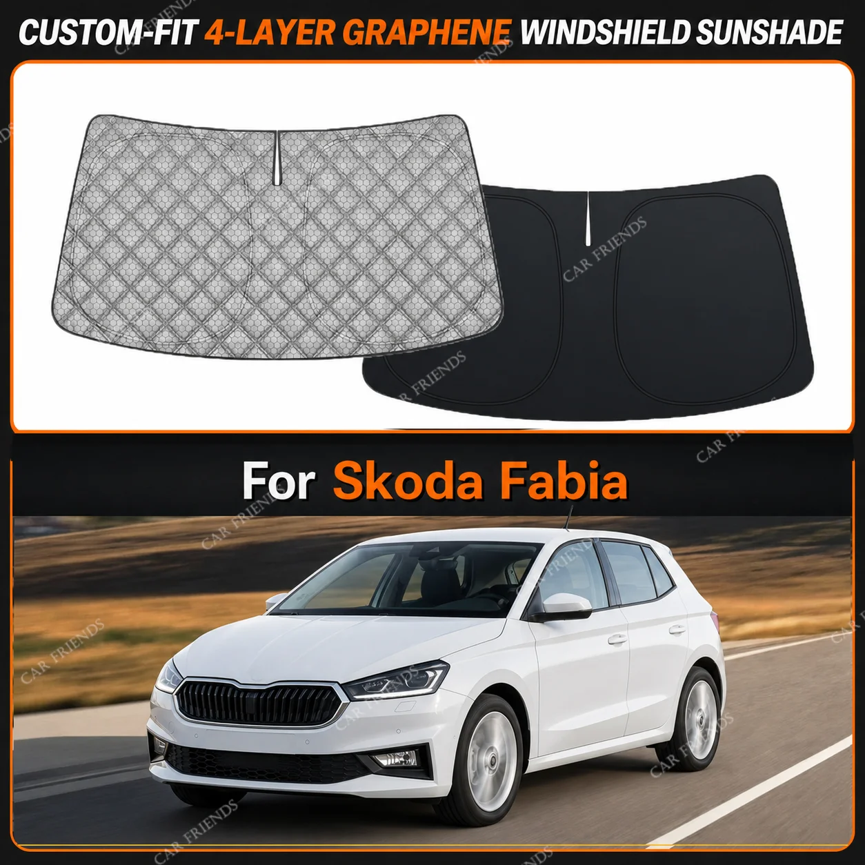 For Skoda Fabia Custom-Fit 4-Layer Graphene Windshield Sunshade Reflective Gray-Silver Surface Helps Reduce Direct Sunlight