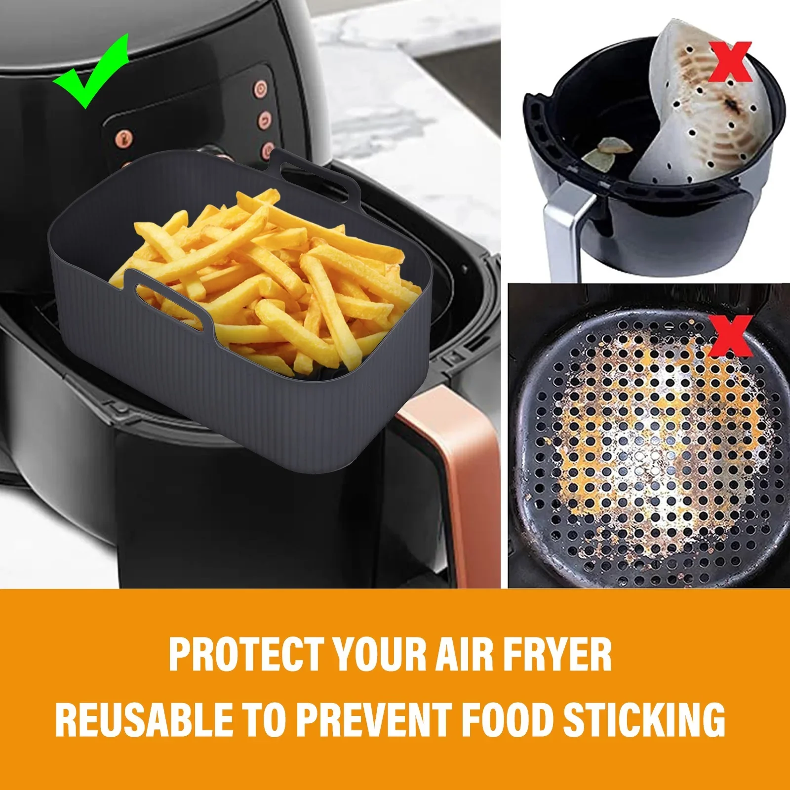 2pc/1pc Air Friteuse Silikon Tablett Rechteck Ofen Backen Korb Wiederverwendbare Liner Einsatz Gericht Gebratenes Huhn für Airfryer Zubehör – Detail 8