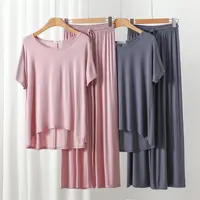 Summer Modal 2pcs homewear sets Loose O Neck T-shirt short sleeves and Wide leg pants Casual Thin sleepwear suit Plus size - Image 3