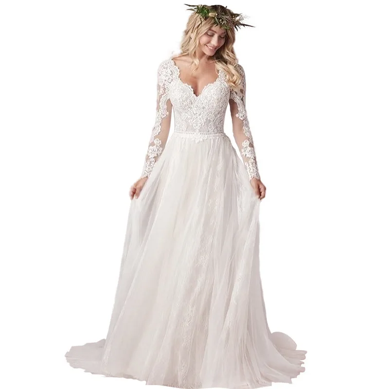 แสงลูกไม้คอวีเปลือยรถไฟขนาดเล็กเจ้าสาวแขนยาวชุดแต่งงานหลักสีขาวบอลชุดWeddinges De N Oviaคริสตจักรชุด