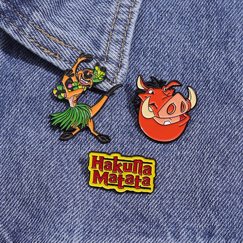 Anime The Lion King's Timon & Pumbaa Brooch Funny Enamel Pins Cartoon Timon Metal Badge Jewelry Backpack Clothing Accessories