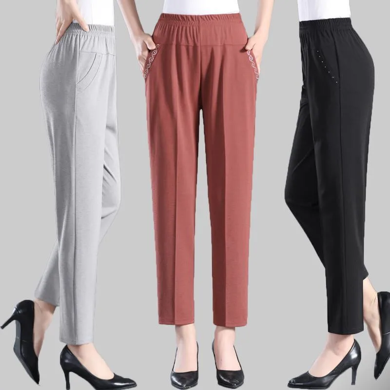 

Middle Aged Old Women Spring Summer Pants Thin Elastic Waist Straight Pants Casual Comfortable Mother Nine Points Pants Trousers