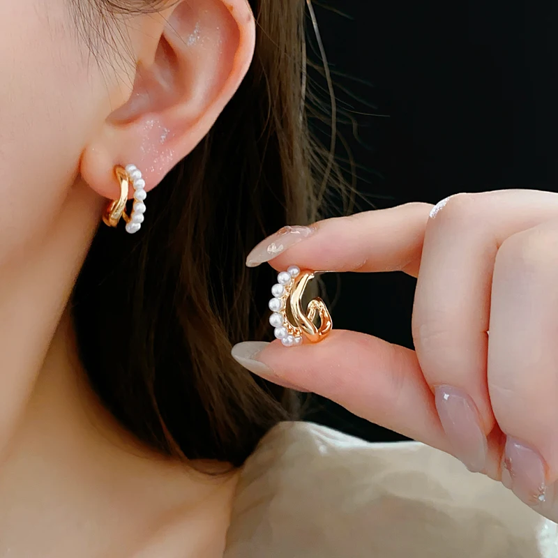 Multi-layer C-shaped Arc Imitation Pearl Dripping Zircon Twisted Hollow Stud Earrings for Women Versatile Hoop Fashion Jewelry image 3
