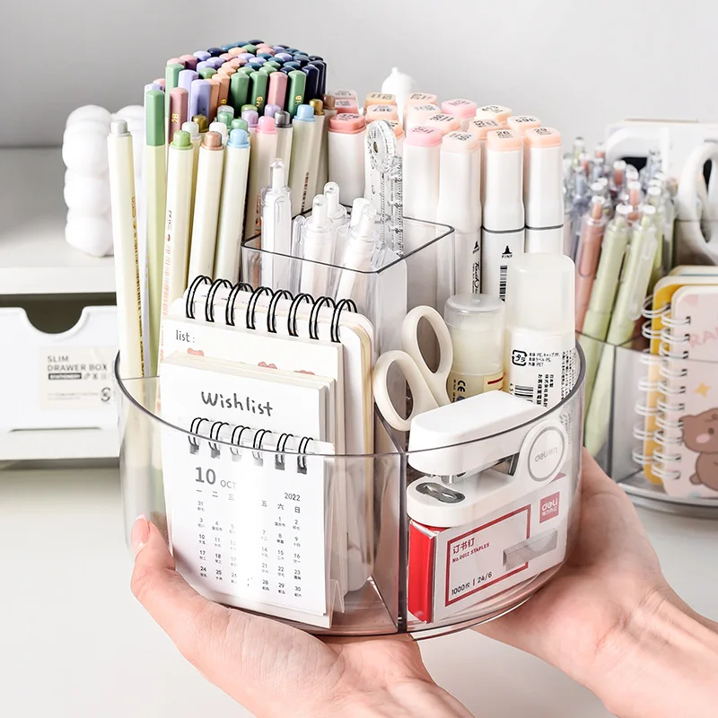Transparent Rotating Pencil Holder Extra-Large Capacity Student Desk Stationery Organizer Minimalist Instagram-Style