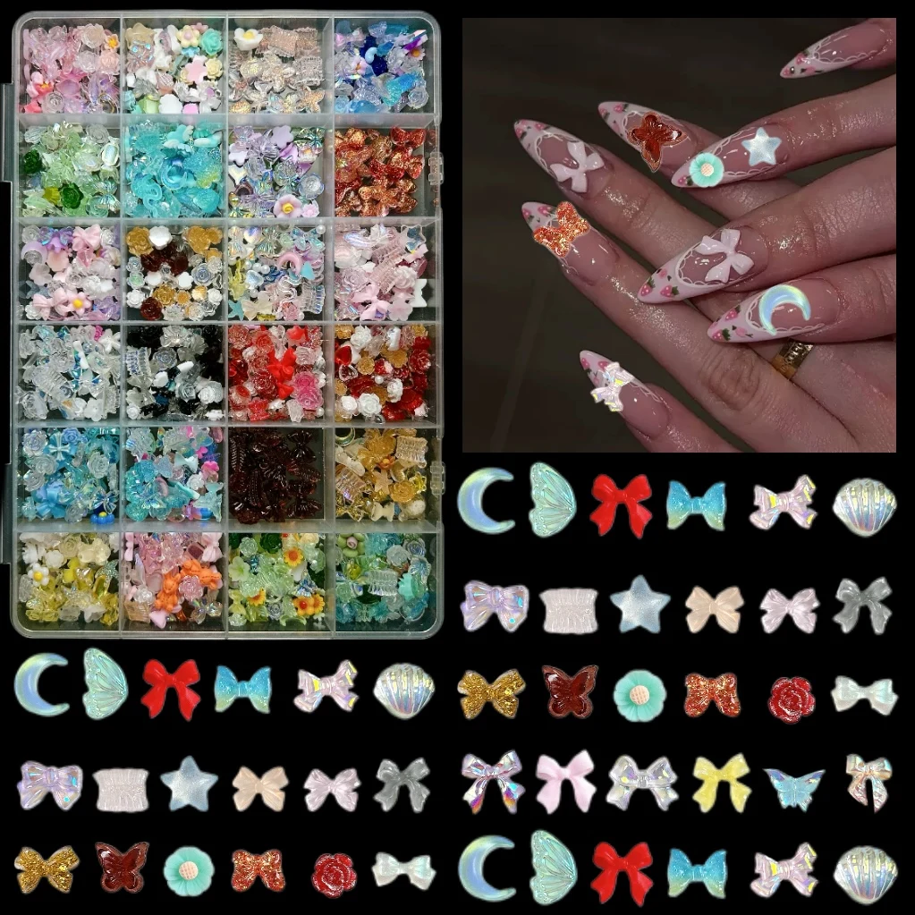 1 صندوق متعدد نمط الشريط الانحناء العلاقات الراتنج مسمار الفن زينة ثلاثية الأبعاد الملونة كاميليا فراشة محارة مختلط مسمار السحر لتقوم بها بنفسك الأظافر