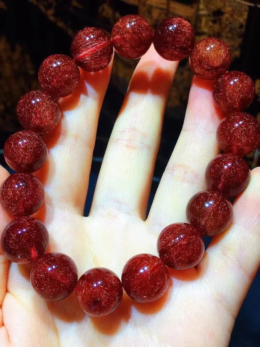 

Natural Red Copper Rutilated Quartz Clear Round Beads Bracelet 12.6mm Cat Eye Women Men Wealthy Colorful Rutilated AAAAA