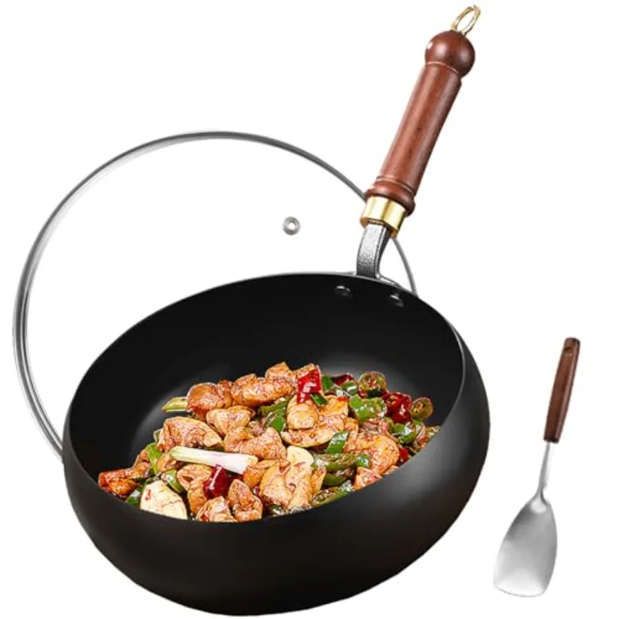 

Carbon Steel Wok Pan, 11" Woks and Stir-Fry Pans with Glass Lid Cookwares, Nonstick Wok Flat Bottom Small Handmade Chinese Wok
