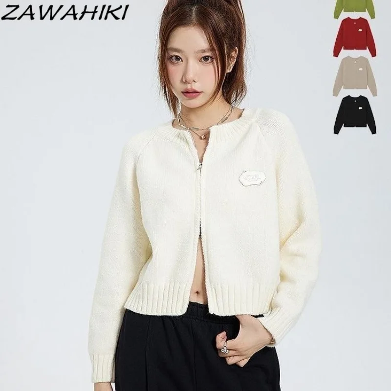 

ZAWAHIKI Solid Color Simple Spring Autumn Zipper Chic Knitted Cardigans O-neck Korean Fashion Casual Cropped Sweater Women