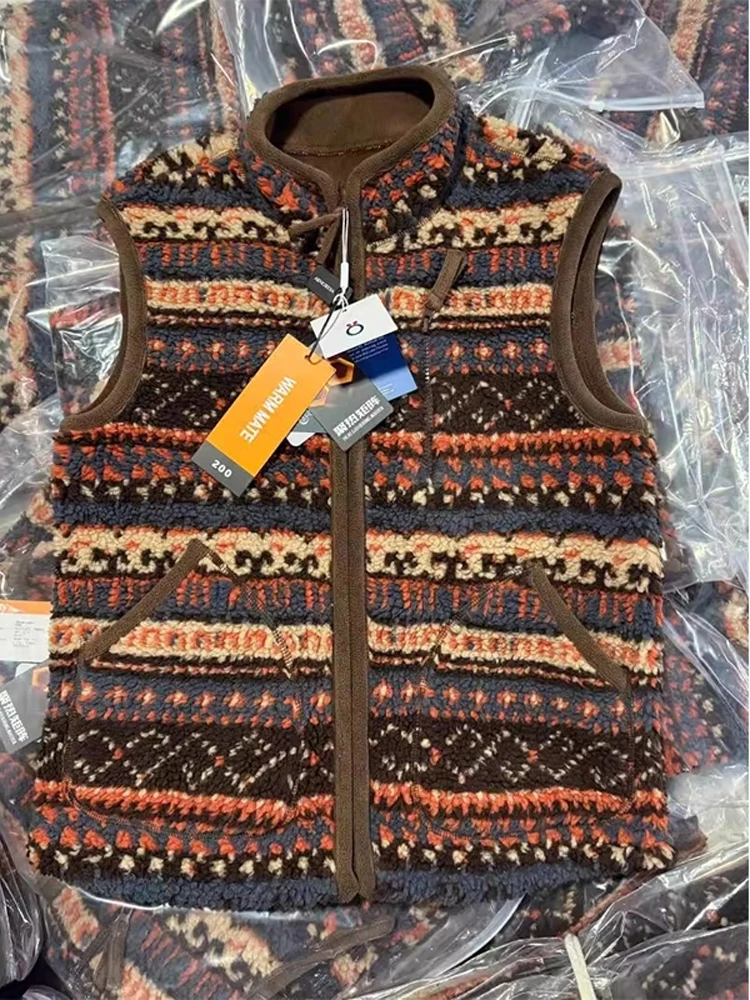 

Мужской жилет из овечьей шерсти в стиле ретро Fair Isle, осенне-зимний, для активного отдыха, на молнии, теплый, с воротником-стойкой, молодежный, повседневный, в американском стиле