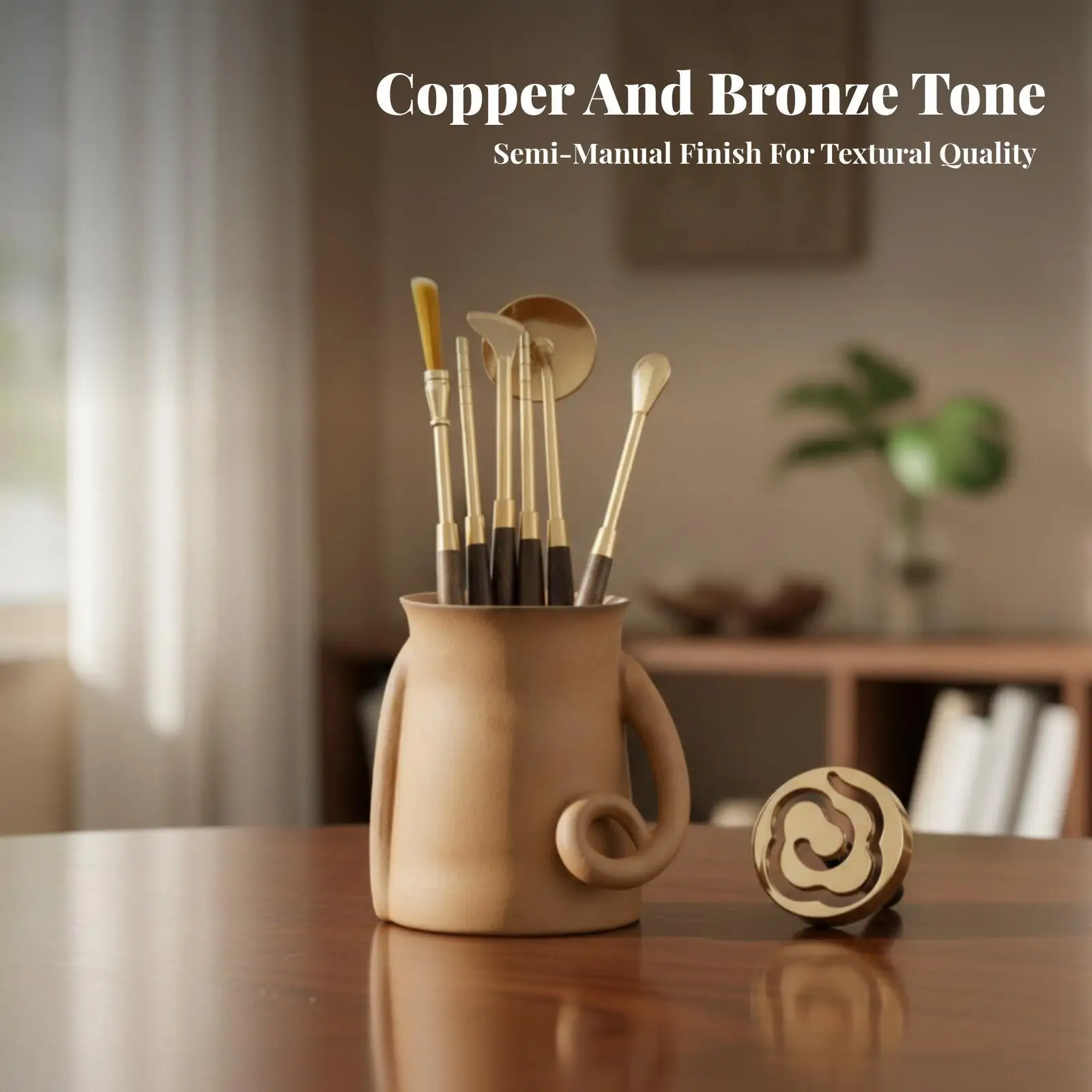 Copper Utensil Set with Wood Handle for Scent Powder Management and Ash Leveling in Personal Sanctuary