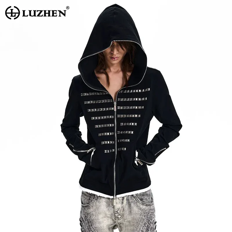 LUZHEN 2026 Nova Jaqueta Casual Masculina de Alta Qualidade com Capuz, Manga com Zíper, Listras e Patchwork de Lantejoulas, Casaco Slim e Elegante JY9