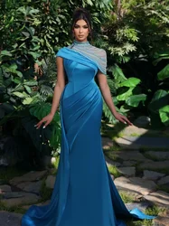 Prom Dresses Simple Retro High Collar Mermaid Beading Fold Satin Formal Occasion Gown vestido de noche elegante mujer 롱 원피스