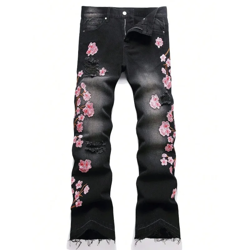 

2026 Men's Straight Leg Slightly Elastic Casual Pants With Printed Distressed Gradient Jeans, Multifunctional Jeans