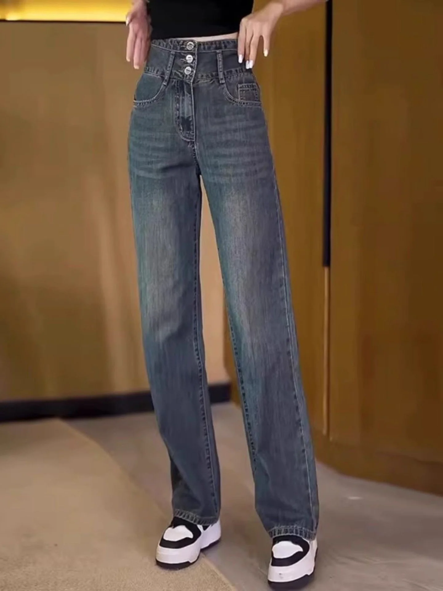 High Waist Straight Leg Denim Jeans Women's Three Button Fashionable Slimming Retro Commuter Pants Autumn New Style Korean Ve...