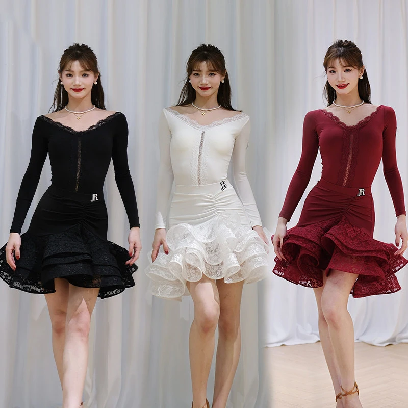 

2026 New Latin Dance Performance Costumes For Women Long Sleeved Bodysuit Fishbone Skirts Suit Adult Latin Dance Wear DQS22121