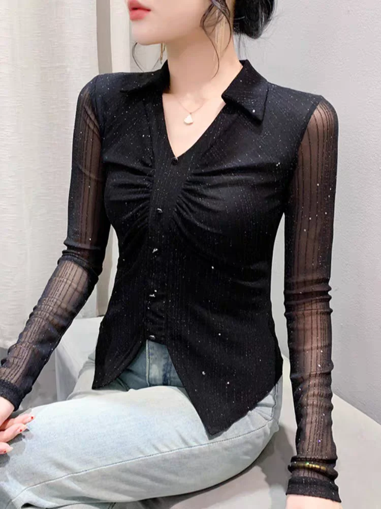 Camiseta Alta Elástica Feminina, Top de Malha Preta, Manga Longa, Gola Polo, Roupas Casuais, Tendência da Moda, Outono, Nova