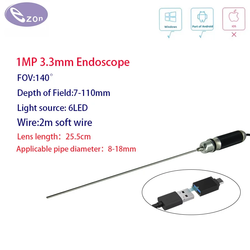 1MP Endoscope Camera, 3.3mm Diameter, FOV140°, for Industrial Endoscopes in Fields Such as Industrial and Automotive Repair.