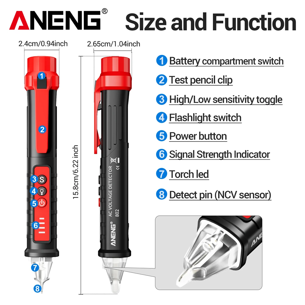 Non-contact AC Voltage Detector Tester ANENG VD802  Meter Voltage 12V-1000v Pen Style Electric Indicator LED voltage meter tools