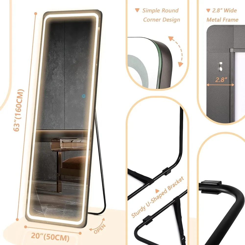 LED-beleuchteter freistehender Wandspiegel in voller Länge – Ganzkörper-Bodenspiegel, beleuchteter Kosmetikspiegel für Zuhause