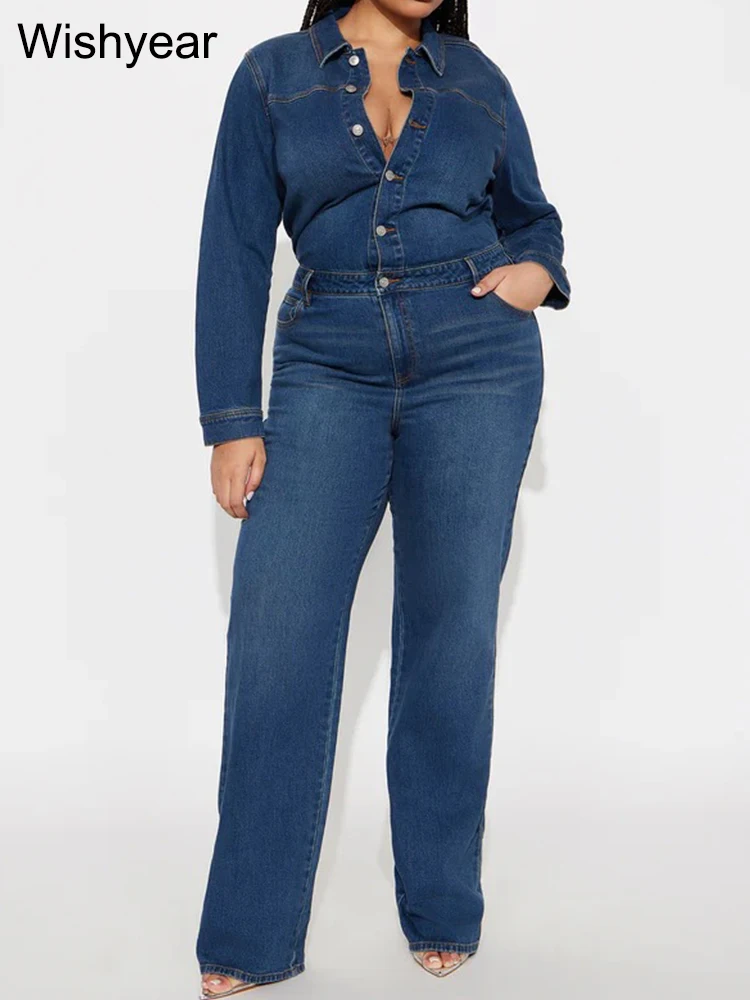 Winter Fashion Stretch Denim BLue Jumpsuit Women Long Sleeves Pocket Single-Breasted Rompers Streetwear Flare Jeans Overalls