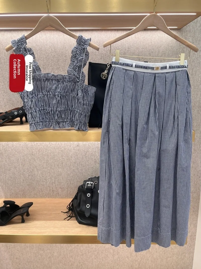 

Heidd M Home Spring Summer Plaid Halter Midi Skirt Elegant Style Cotton Material Adult Women's Fashion Set Two Pieces