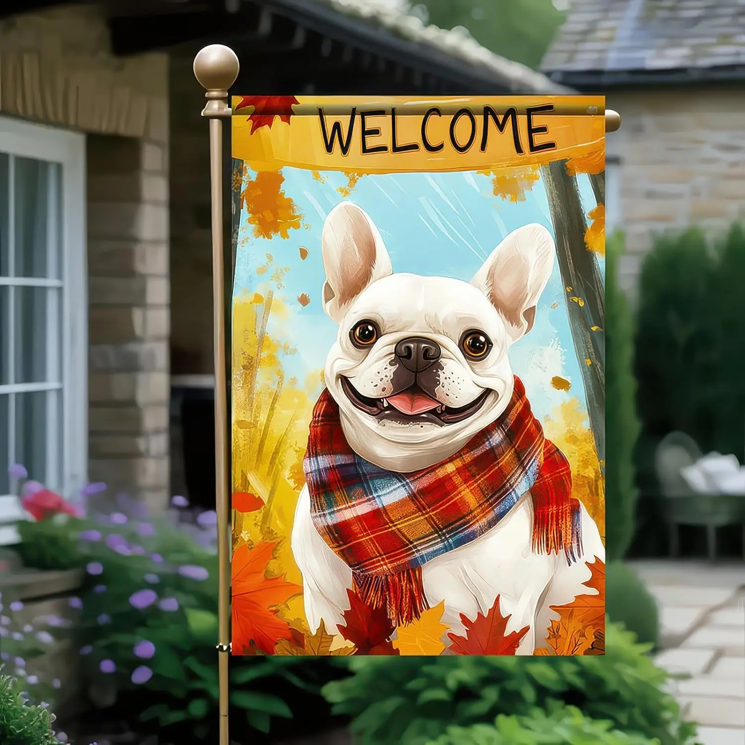 Thanksgiving Fall Garden Flag 12x18 Inch Welcome French Bulldog Dog Outdoor Flag Double Sided Autumn Yard Banner with Plaid  UUN