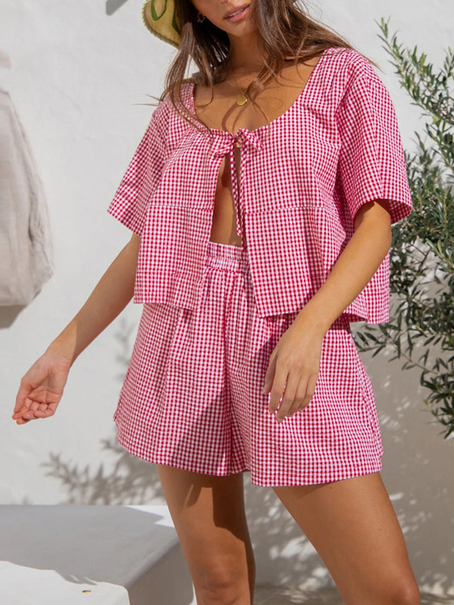 Women Plaid 2 Piece Pajama Shorts Set Tie Front Bow Short Sleeve Shirt with Gingham Shorts Pj Set Sleepwear