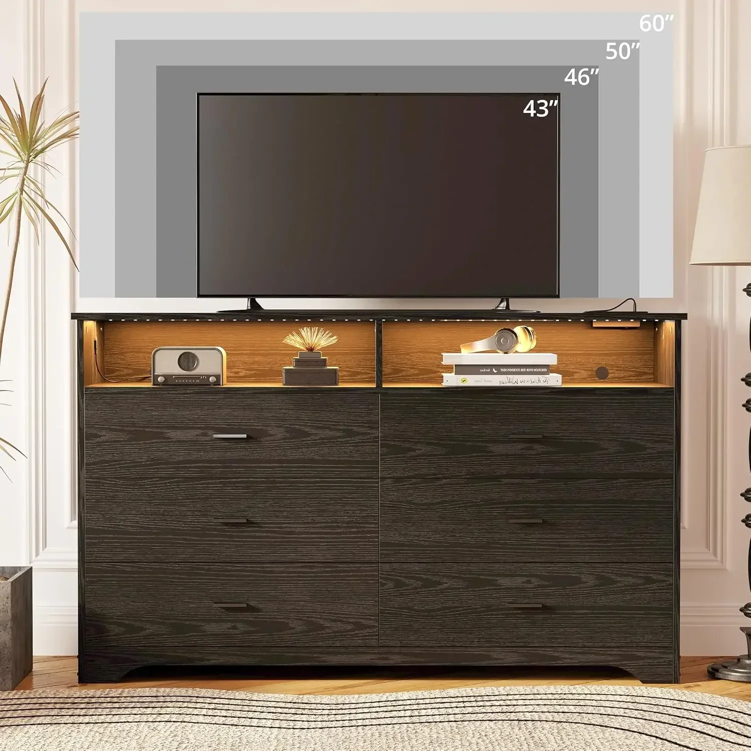 

6 Drawer 59" Black Dresser with LED and Power Strip, Dressers & Chests of Drawers with Storage Cabinet for Bedroom