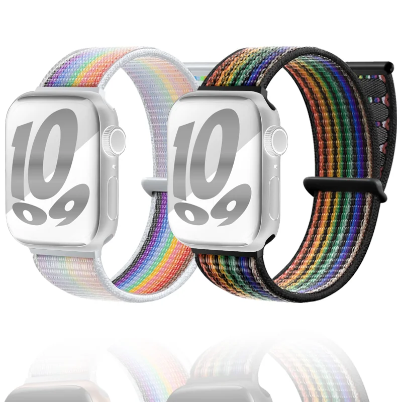 2 Packungen Regenbogen-Sport-Nylon-Uhrenarmband, kompatibel mit Apple Watch 38 mm, 40 mm, 41 mm, 42 mm, 44 mm, 45 mm, 46 mm, 49 mm für Pride Day