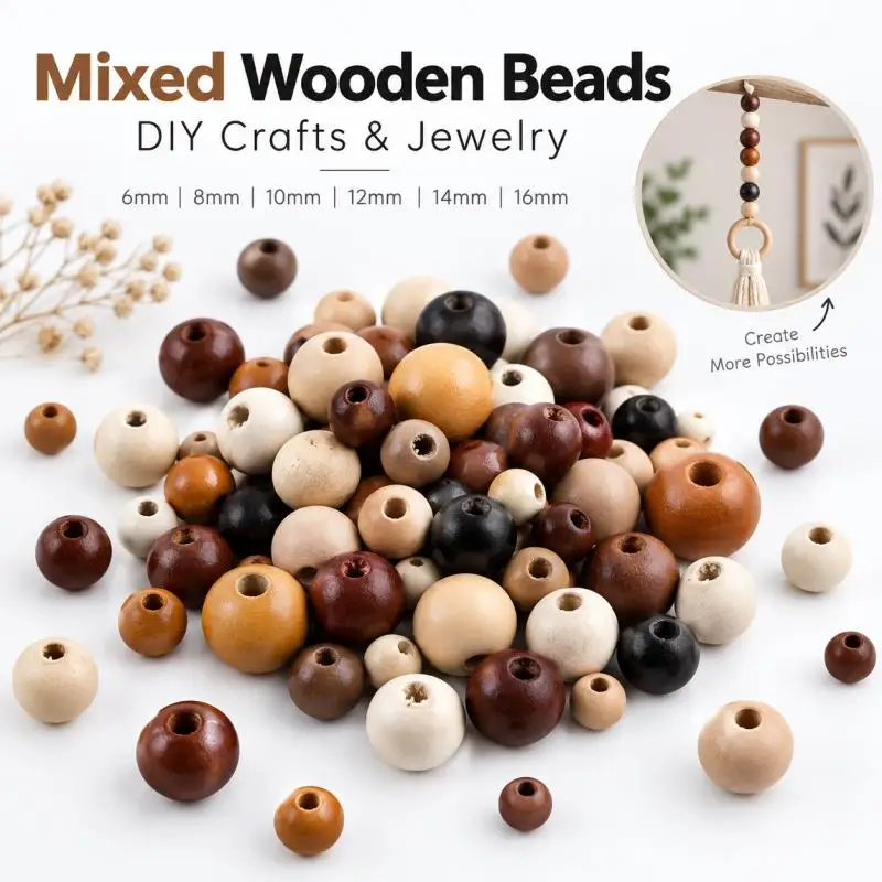 100~300pcs Colorful Wood Beads 8-16mm Natural Rustic Spacer Beads for DIY Jewelry Craft Making Handmade Polished