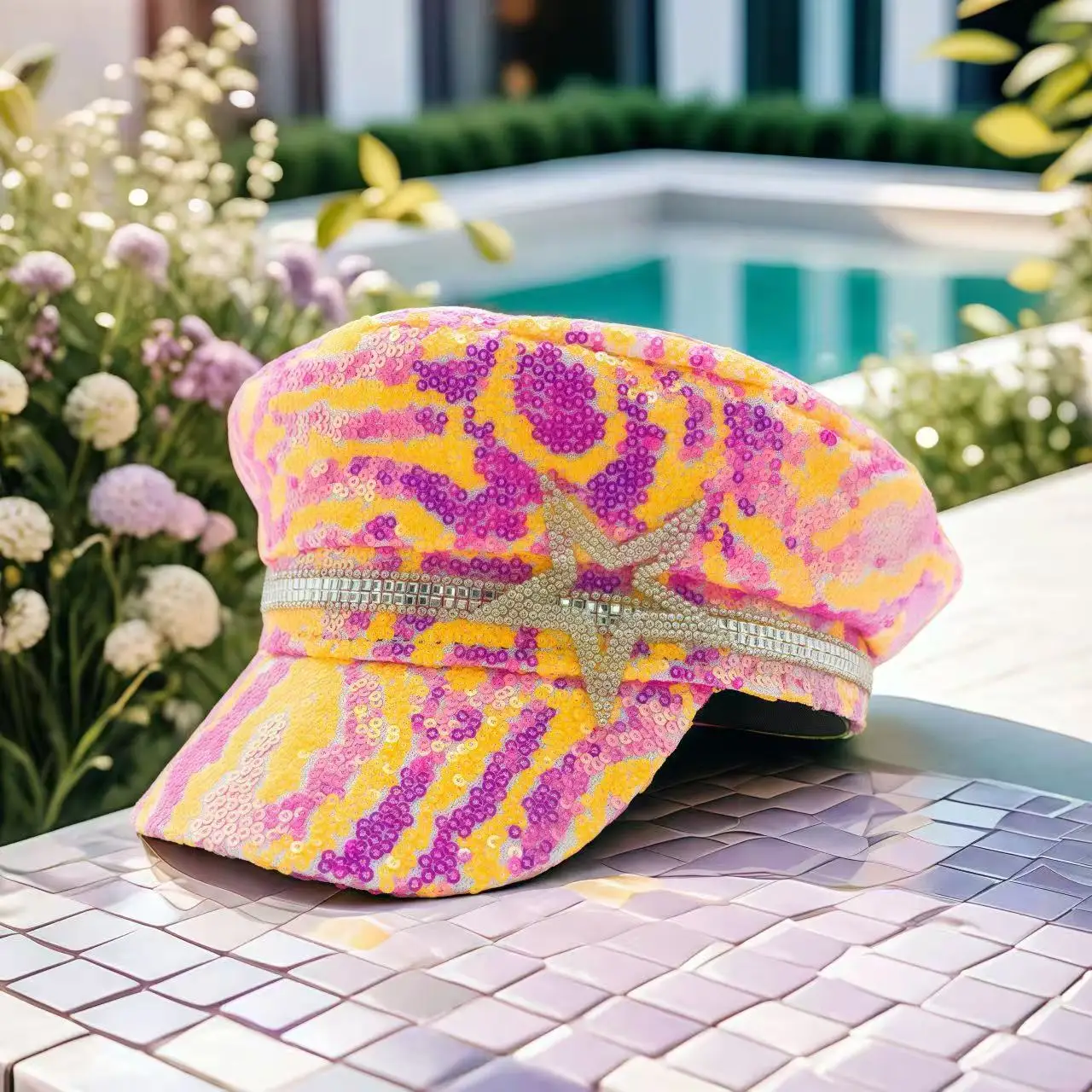 HongLuan الوردي ديسكو ستار Steampunk الكابتن قبعة حجر الراين لحرق رجل مهرجان امرأة، الملحقات العسكرية وقبعة عسكرية #1