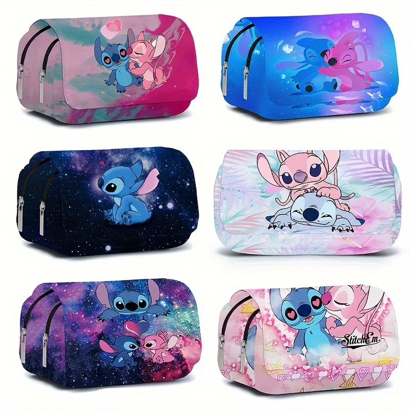 

Cute Stitch Double Layer Flap Pen Bag Large Capacity Pencil Case Cute Cartoon Fully Printed School Stationery Box for Students