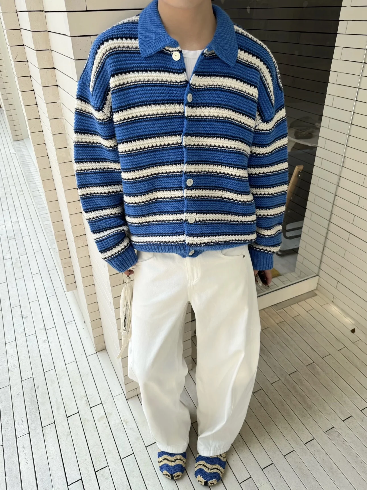 

Korean Sle Color Blo Striped Single Button Knitted Cardigan Men's Loose Casual Outerwear Autumn Winter Sweater Jaet