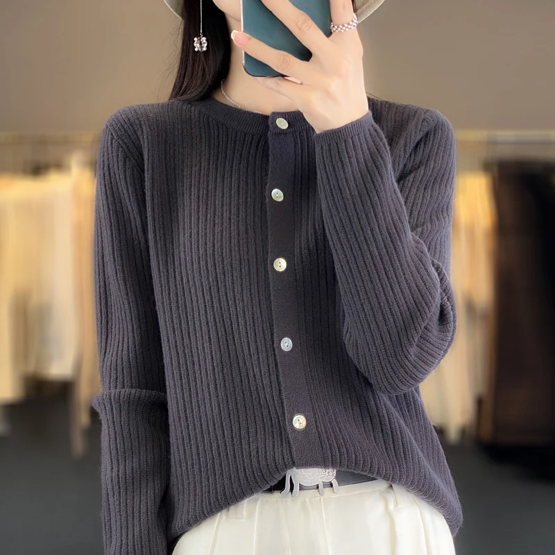 Women Pure Wool Soft Sweater O-Neck Thickened Vertical Stripe Cardigan Autumn Winter Female Coat Basis Casual Knitting Top