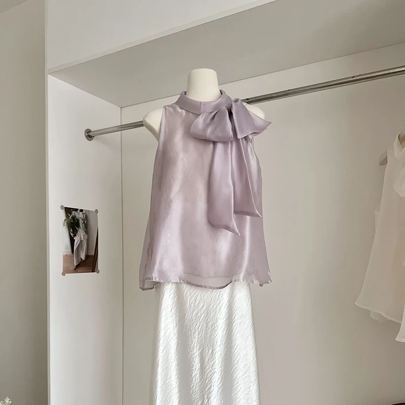 Bow Tie Up Shirt Women Summer Sexy Loose Sleeveless Vest Tops French Elegant Harajuku Lace Patchwork O Neck Chiffon Blouse New