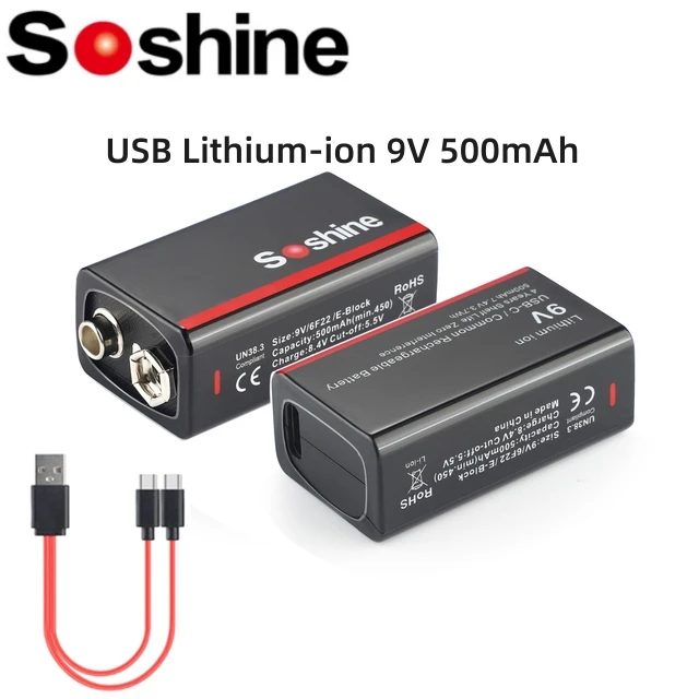 Soshine USB Lithium-ion Battery 9V 500mAh Low Self-discharge Batteries Li-ion Rechargeable Batteries 1000 Times Cycle for Remote