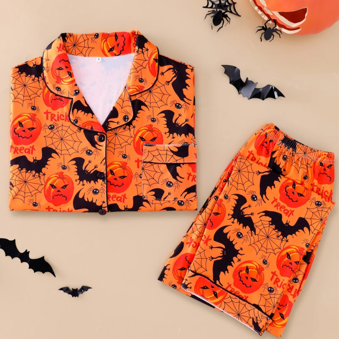 Women's Orange Pumpkin Bat Print Pajama Halloween Themed Long-sleeved Pants Spring Autumn Home Wear Set