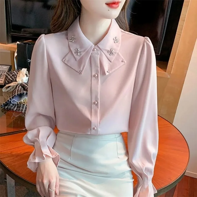 

Fashion Elegant Chiffon High-end Design Spring Shirt Women's Shirt Blouse New 2026 Summer Autumn Shirt Top White Pink Blue