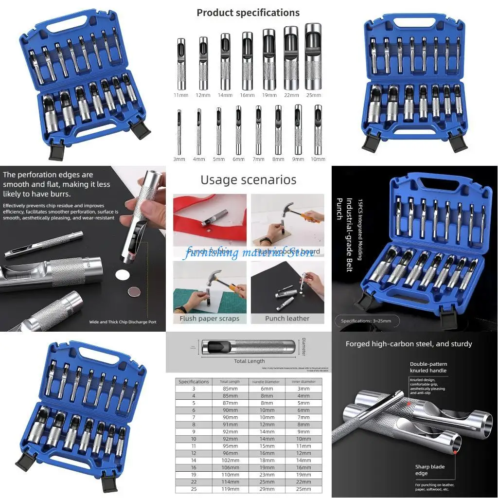 

Y5GD 15Pcs Leather Tool Set High Carbon Steel Multiple Size Hole Puncher For Crafting