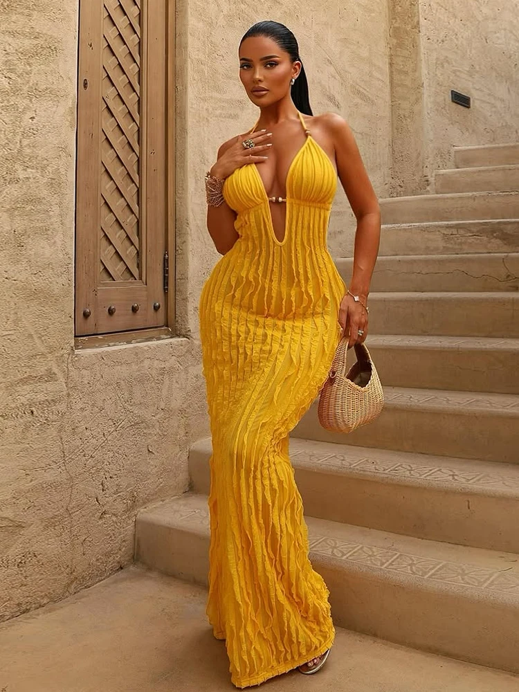 Whatiwear koraliki dekoracyjna sukienka damska sznurowana Halter głęboki dekolt bez pleców wakacje trend uliczny solidna marszczona elegancka długa obcisła