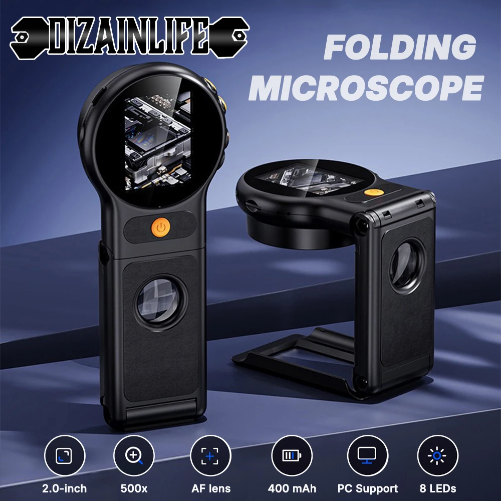 

Складной цифровой электронный микроскоп с автофокусом и 8 светодиодами, 500-кратный увеличение, 2-дюймовый экран для монетного микроскопа Windows/Mac