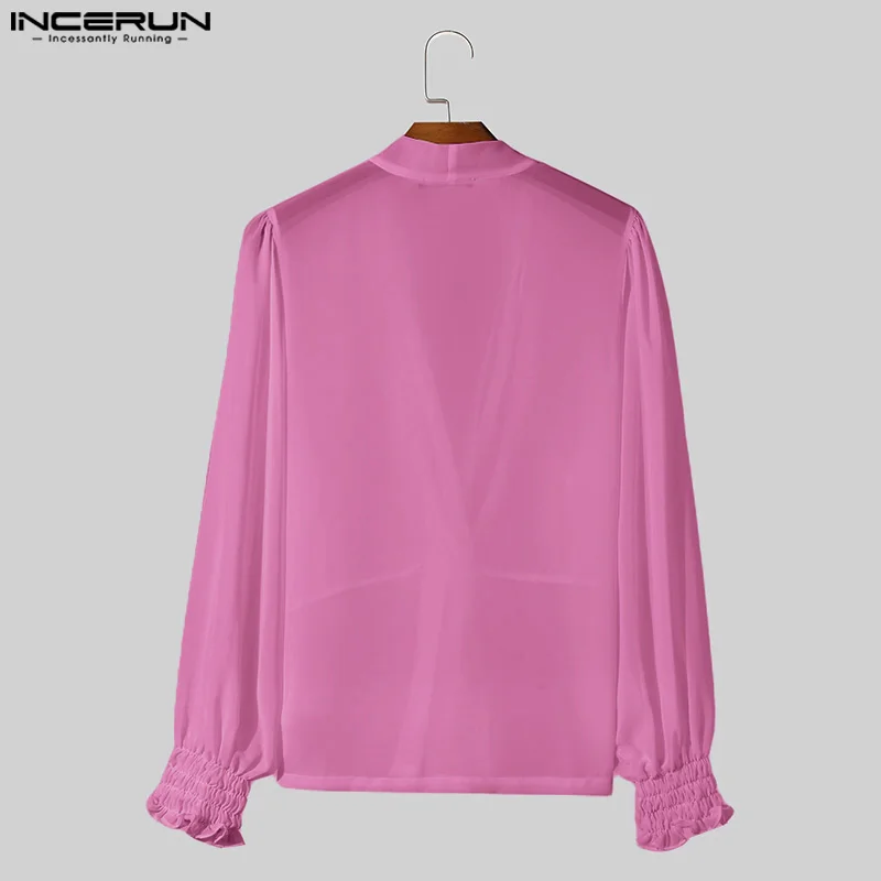 INCERUN Men Shirt Chiffon Solid Color Transparent V Neck Long Puff Sleeve Men Clothing Streetwear 2024 Fashion Casual Camisas