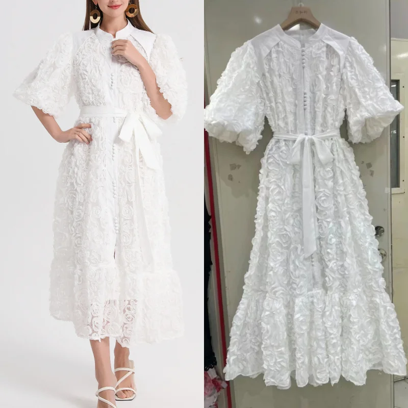 

2025 New European and American Style Round Neck Retro Three-Dimensional Flower Puff Sleeve Single-Breasted Vacation Short Dress