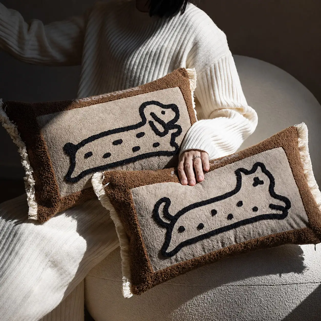 30x50cm (12x20in) Cute Tufted Cat Lumbar Pillow Cover, Towel Embroidery Decorative Throw Pillow Case, Comfortable Bohemian Neutral Farmhouse Style, Suitable For Sofa Bed Bedroom Living Room Home Decor, Gift, Pillow Insert Not Included view 4